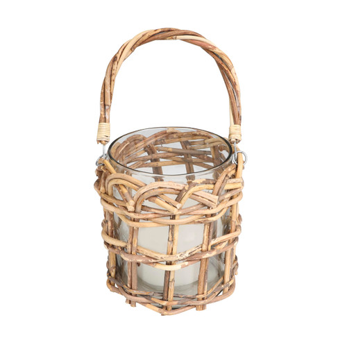 Deco 79 Glass Handmade Decorative Candle Lantern with Brown Rattan Woven Exterior and Twisted Handle, 8" x 10" x 8", Clear