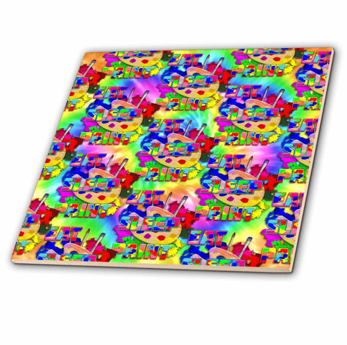 3dRose Tie dye Eat Sleep Paint Pattern with Art Palette and Art Brushes. - Tiles (ct_353419_4)