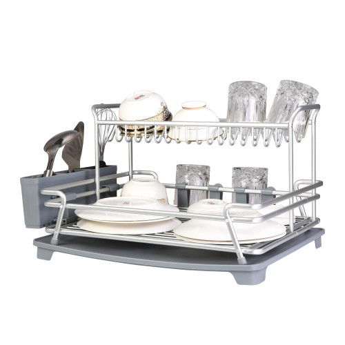 Vilobos Dish Drying Rack and Drainboard Set 1 Tier & 2 Tier,Aluminum Dish Drying Rack,Dish Racks for Kitchen Counter,Aluminum -Light Gray & Silver (21.4Lx14.7Wx11.4H)