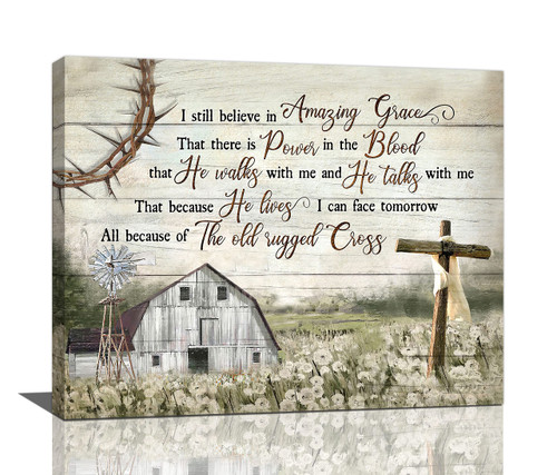 Christian Wall Art Barn Windmill Pictures Wall Decor Amazing Grace Canvas Print Home Decorations For Living Room Kitchen Bathroom Bedroom Framed 20"x16"