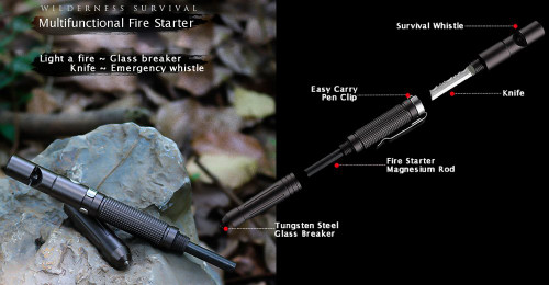 Perkin Knives Survival Fire Starter 4 in 1 Glass Breaker, Fire Starter, Knife and Whistle
