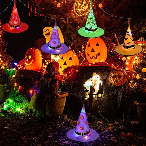 Halloween Decorations Witch Hats 8pcs Hanging Lighted Glowing Witch Hats Halloween Decor for Outdoor Halloween Decorations, Tree, Porch, Yard (Purple/Orange/Geen/Red)