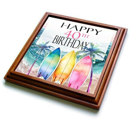 3dRose Happy 40th Birthday with an Ocean Wave and Surfboards - Trivets (trv-382061-1)