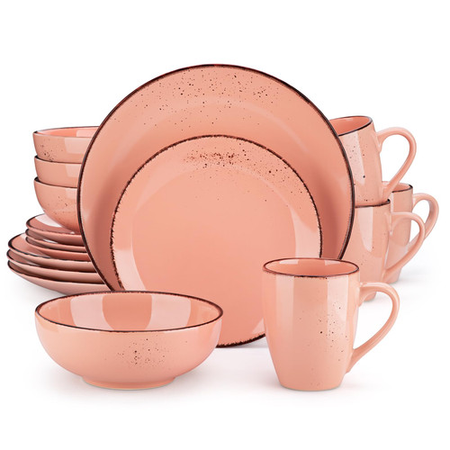 vancasso Navia Ceramic Dinnerware Set, 16 pieces Set of 4 Stoneware Spray Spot Patterned Service Dish with Dinner Plates, Salad Plates, Bowls, Mugs - Pink