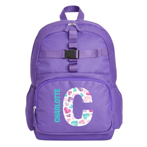 Let's Make Memories Personalized Kids Backpack with Lunch Box (Optional) - Purple, Bright Hearts