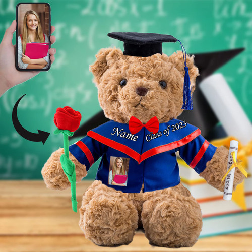 Personalized Gifts Teddy Bear with Photo+ Text, Graduation Bear Class of 2024 Personalized Teddy Bear for Graduation Day Kindergarten Graduation Gifts for Her 2024 High School (11 in-Text+Photo)