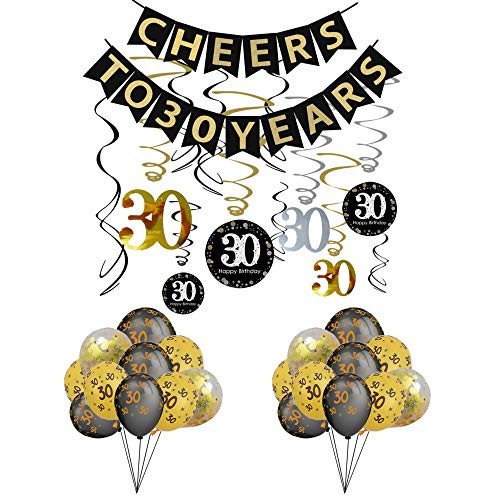 30th Birthday Party Decorations KIT - Cheers to 30 Years Banner, Sparkling Celebration 30 Hanging Swirls,Gold and Black Latex 30 Birthday Balloons, Perfect 30 Years Old Party Supplies 30th Anniversary Decorations