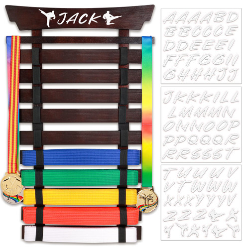 Winartton 10 Belts Karate Belt Display Rack with Stickers, Taekwondo Belt Display Holder, Martial Arts Belt Display, No Assembly Required, BJJ Hanging Holder for Kids and Adult