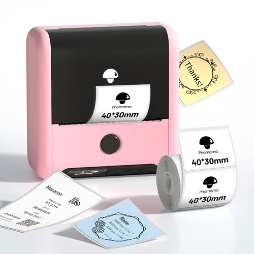 Memoqueen Label Makers Machine- 3 Inch Label Printer M200 Bluetooth Barcode Thermal Printer for Small Business/Home Use, for Barcode, Address, Logo, Mailing, Stickers, Compatible with Phone & PC, Pink