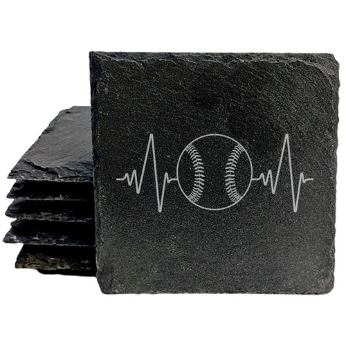 Slate Coasters with Baseball Heartbeat: Laser-Etched Fun for Sports Enthusiasts! - Square Slate - set of 8