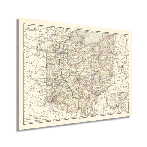 HISTORIX Vintage 1894 Ohio Map Poster - 18x24 Inch Vintage Map of Ohio State Wall Decor - Ohio State Map - Old Ohio State Poster Showing Counties and Railroad Lines - Ohio State Wall Art