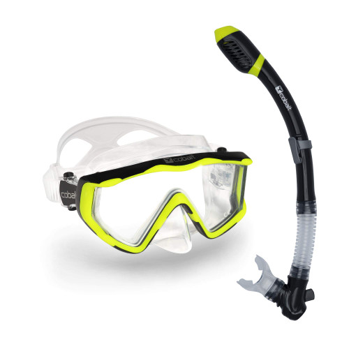 COBALT Rincon Panoramic Snorkel Combo - Wide View Mask and Dry Top Snorkel Set for Snorkeling, Scuba Diving (Black/Yellow)