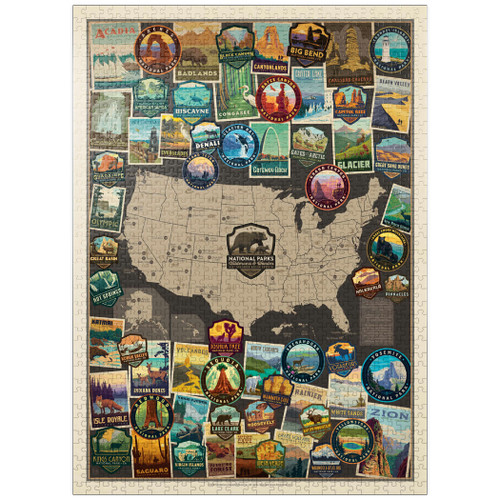 63 American National Parks: Collage Map, Vintage Poster - Premium 1000 Piece Jigsaw Puzzle for Adults