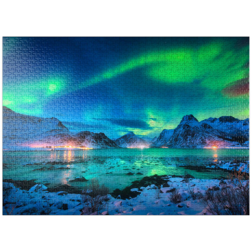 Aurora Borealis Over Sea Coast, Lights at Night. Northern Lights On Lofoten Islands, Norway - Premium 1000 Piece Jigsaw Puzzle for Adults Aurora Borealis Over Sea Coast, Lights at Night. Northern Lights On Lofoten Islands, Norway - Premium 1000 Piece Jigsaw Puzzle for Adults