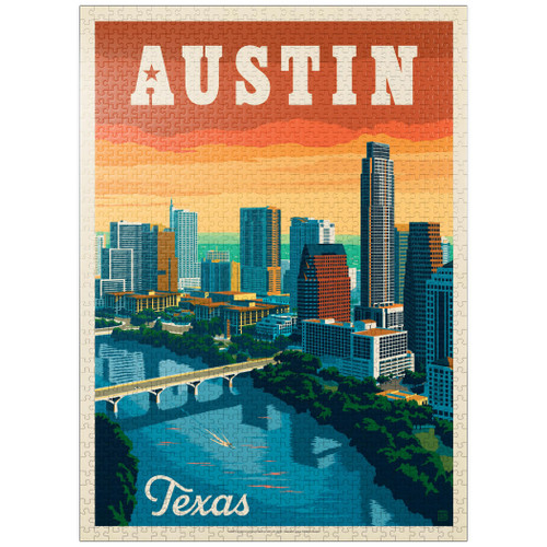 Austin, Texas: Skyline, Vintage Poster - Premium 1000 Piece Jigsaw Puzzle for Adults