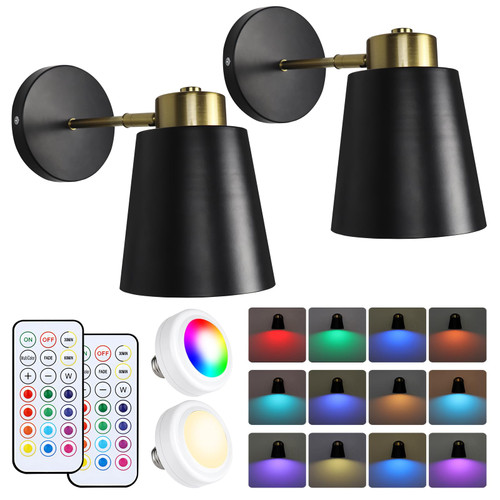 MILDWARM Battery Operated Wall Sconce, Wall Lights Set of 2, 13 RGB Battery Powered Wall Lamp with Remote for Living Room Bedroom Hallway