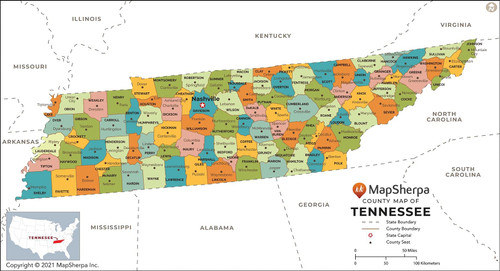 Tennessee Counties Map - Standard - 36" x 19.5" Laminated