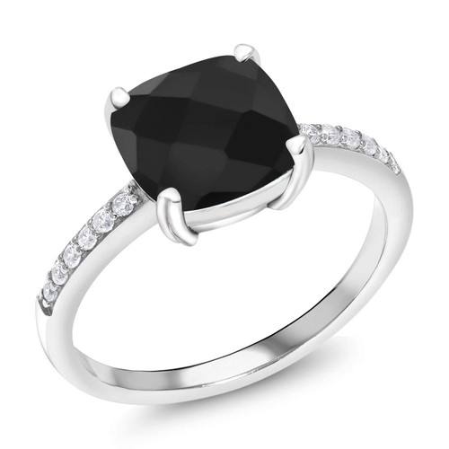 Gem Stone King 925 Sterling Silver Cushion Checkerboard Black Onyx Ring For Women (2.23 Cttw, Gemstone Birthstone, Available In Size 5, 6, 7, 8, 9)
