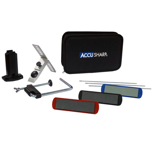 AccuSharp Stone Knife Sharpening Kit - Set for Honing Straight-Bladed Knives - Portable Stone Sharpener with Clamp, Pouch, and Guide for Various Angles - Set of 3 Stones with Varying Courseness