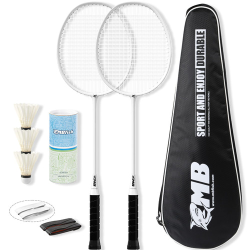 MBFISH Badminton Racket Set with 2 Carbon Fiber Rackets, 3 Shuttlecocks, 2 Racket Grip Tapes and 1 Badminton Bag - Perfect for Beginners & Outdoor Games White