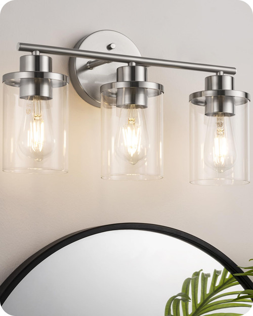 EDISHINE Bathroom Lighting Fixtures, 3-Light Bathroom Vanity Lights Over Mirror, Brushed Nickel Bath Wall Sconce with Clear Glass Shades Modern Wall Mount Lamp for Vanity Table, Powder Room