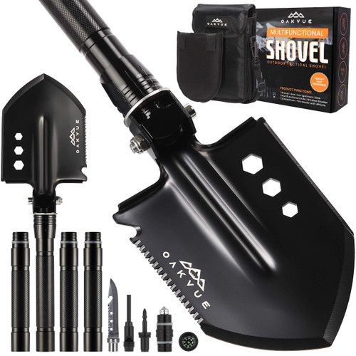 OAKVUE Survival Shovel Multitool with Tactical Shovel Carry Pouch, Camping Shovel - 180 Degree Folding Shovel High Carbon Steel Survival Tool for Backpacking, Hiking, Car Emergency