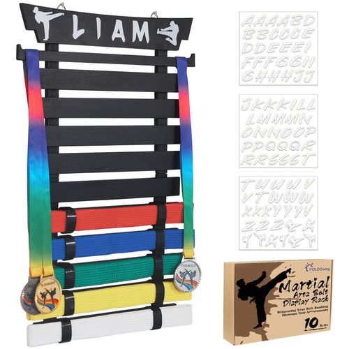 YOLOGoing 2024 Upgraded Karate Belt Display Rack with Stickers, Taekwondo Belt Display ?No Assembly Required? Martial Arts Belt Display, Karate Belt Holder for Kids and Adult,10 Belts, Wood, Black