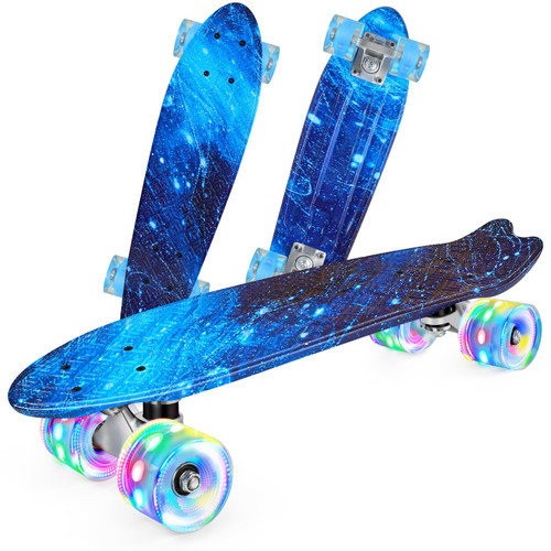 BELEEV Skateboard for Kids Ages 3-12, 22 inch Mini Cruiser Skateboard for Beginners Girls Boys Teens Adults, Classic Complete Skateboard with LED Light up Wheels, All-in-One Skate T-Tool (Nebula Blue)
