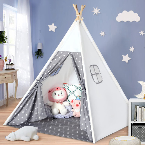 Sumbababy Teepee Tent for Kids with Carry Case, Natural Canvas Teepee Play Tent, Toys for Girls/Boys Indoor & Outdoor Playing (Teepee with Stars Design) Sumbababy Teepee Tent for Kids with Carry Case, Natural Canvas Teepee Play Tent, Toys for Girls/Boys Indoor & Outdoor Playing (Teepee with Stars Design)