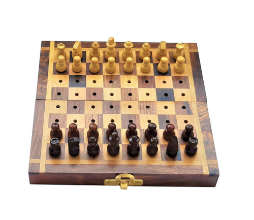 Handmade Folding Magnetic Wooden Chess Board Set with Extra Queens for Chessmen (6 x 6inch) (Natural)
