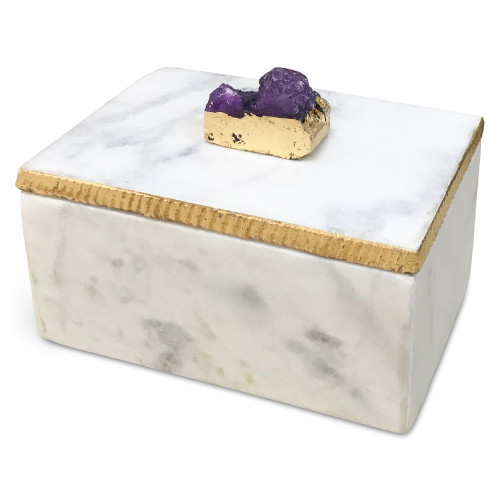 IHI EST. 1986 India Handicrafts 71048 White Gold Foil Purple Embellishment Medium 6 x 4 Marble Decorative Trinket Box with Lid