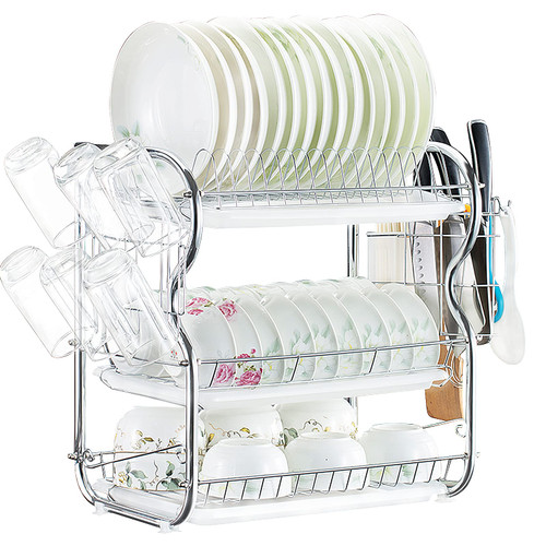 OBBGGNT Kitchen Dish Drying Rack, Dish Racks for Kitchen Counter with 3 Drainboards and Utensils Holder, 3-Tier Stainless Steel Dish Drying Rack with Cup Holder, Dish Drainer, Drying Dish Rack Silver