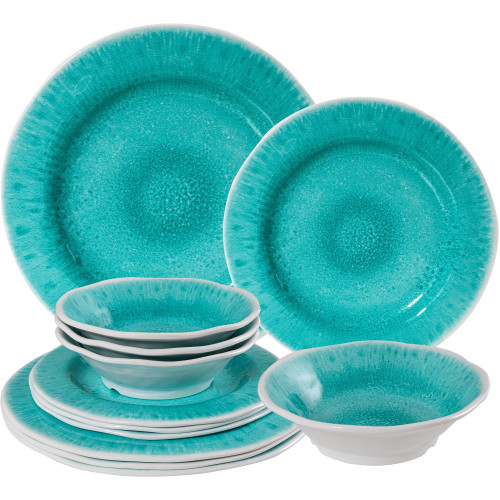 ZAROCRUS Melamine Plates and Bowls Set,12 Piece Kitchen Dinnerware Set, Plates,Dishes, Bowls, Non-breakable Lightweight Modern Dishes Set for RV,Camping, Service for 4, Teal
