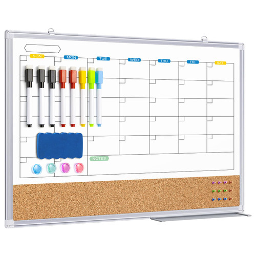 Monthly Dry Erase Calendar Whiteboard for Wall, Magnetic White Board Calendar Dry Erase, Wall Hanging Aluminum Frame Calendar Board with Tray for Home, School, Office (24" x 18" Combo)