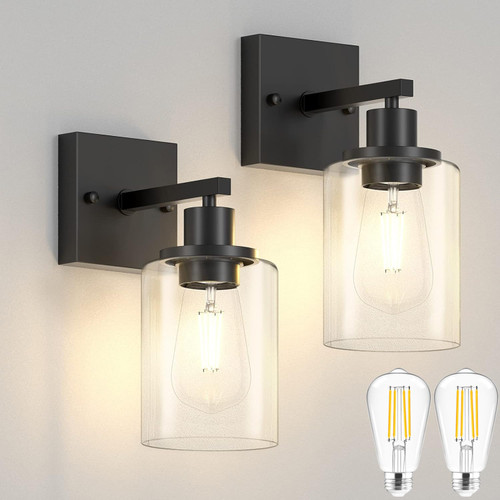 Licperron Black Wall Sconces Set of Two, Modern Sconces Wall Lighting Fixture with Clear Glass Shade for Bathroom Vanity, Industrial Metal Wall Mount Lamp for Bedroom Mirror Living Room (with Bulbs) Licperron Black Wall Sconces Set of Two, Modern Sconces Wall Lighting Fixture with Clear Glass Shade for Bathroom Vanity, Industrial Metal Wall Mount Lamp for Bedroom Mirror Living Room (with Bulbs)