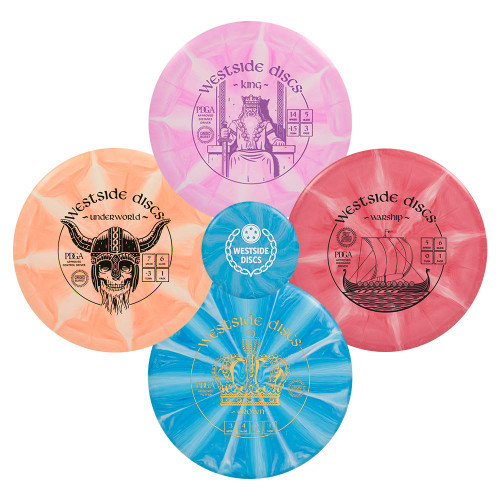 WESTSIDE DISCS Four Disc Origio Burst Disc Golf Starter Set | Frisbee Golf Set | King Distance Driver | Underworld Fairway Driver | Warship Midrange | Crown Disc Golf Putter | Colors Will Vary