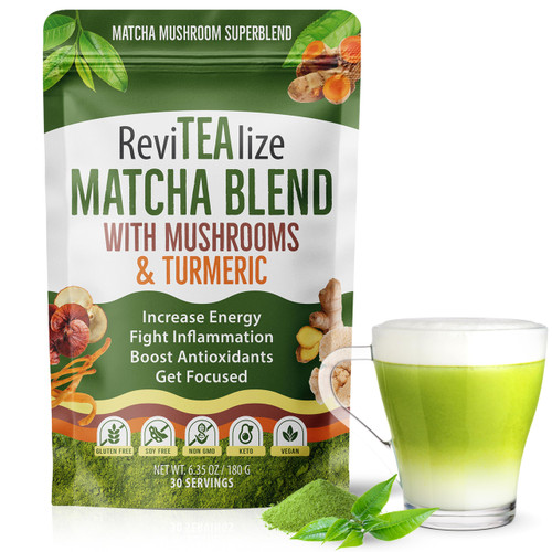 ReviTEAlize Organic Matcha Mushroom Powder - Organic Ceremonial Grade Matcha Powder Blend Mushroom Coffee Alternative - Mushroom Matcha Latte Powder (30 Servings)