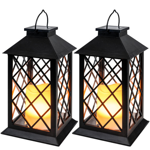 Homemory Solar Lanterns Outdoor Waterproof Hanging with Flickering Flameless Candles, 2 Pack 13'' Garden Outdoor Lantern Decorative for Patio Front Porch Backyard Balcony Cabin Outside Table(Black)