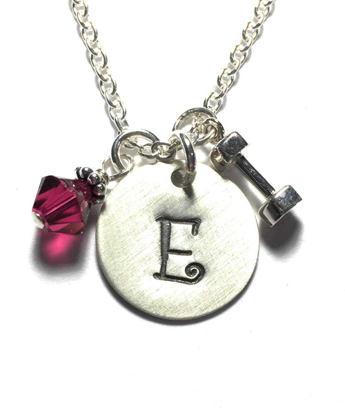 Dumbbell Hand Stamped Sterling Silver Initial Charm Necklace Dumbbell Hand Stamped Sterling Silver Initial Charm Necklace