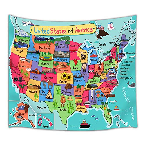 Kids Map of The United States Wall Tapestry, Cartoon Fun Facts Geography USA Map, Polyester Fabric Tapestry