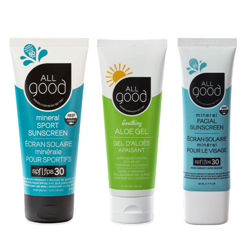 All Good Sport Mineral Sunscreen, Aloe Gel & Facial Sunscreen Bundle - UVA/UVB Broad Spectrum SPF 30+, Water Resistant - Includes (2) SPF 30 Sport Sunscreen, (1) Aloe Gel and (1) SPF 30 Facial Sunscreen All Good Sport Mineral Sunscreen, Aloe Gel & Facial Sunscreen Bundle - UVA/UVB Broad Spectrum SPF 30+, Water Resistant - Includes (2) SPF 30 Sport Sunscreen, (1) Aloe Gel and (1) SPF 30 Facial Sunscreen
