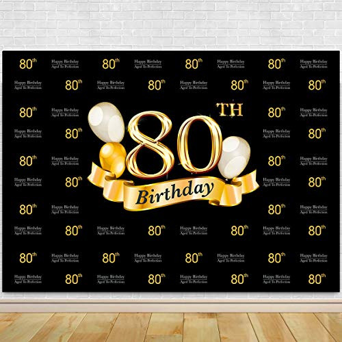 Glitter Gold and Black Photo Studio Booth Background Adult Happy 80th Birthday Party Decorations Banner Backdrops for Photography
