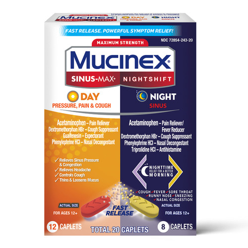 Mucinex Maximum Strength Sinus-Max (Day) Pressure, Pain & Cough & Nightshift (Night) Sinus Caplets, Fast Release, Powerful Multi-Symptom Relief, 20 caplets (12 Day time + 8 Night time)