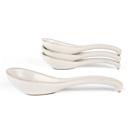 Soup Spoons, Ceramic Chinese Soup Spoons, Asian Soup Spoons, White Japanese Spoon Large for Ramen Pho Wonton Dumpling Ramen Spoon,Rice Spoon,Asian Style Spoons,Long Handle with Hook spoons,Set of Four