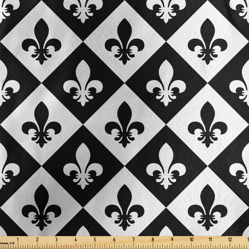 Ambesonne Fleur De Lis Fabric by The Yard, Checkerboard Pattern Rectangles European Heraldic Design Monochrome Emblem, Decorative Satin Fabric for Home Textiles and Crafts, 3 Yards, Black White