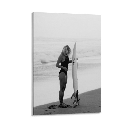 Surfboard Woman in Hawaii Print, Black And White, Vintage Beach Wall Art, Surf Poster Poster Decorative Painting Canvas Wall Art Living Room Posters Bedroom Painting 12x18inch(30x45cm)