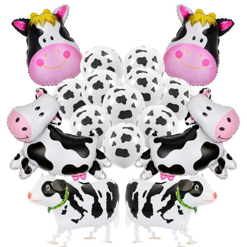 16 Pcs Cow Print Foil Balloons Farm Animal Theme Birthday Party Decorations Cow Birthday Party Supplies with Cow Head Walking Cow Mylar Balloons for Kids Baby Boys Girls Baby Shower