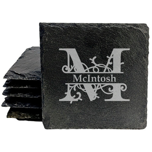 Vine Split Family Monogram Personalized Custom Coasters - Square Slate - set of 8