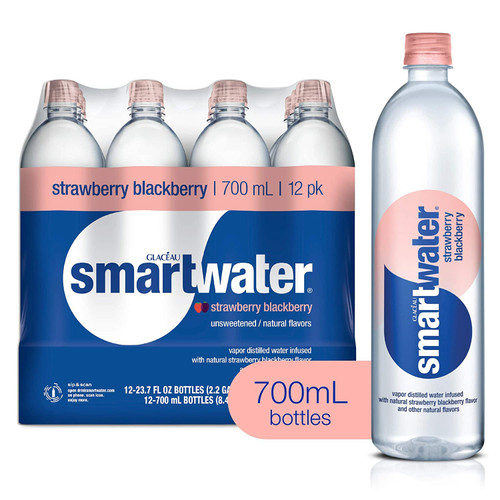 Smartwater Flavored Drinking Water - Strawberry Blackberry | Vapor Distilled Water, Natural Flavors, Zero Sugar, Electrolytes. 23.7 Fl Oz Bottles | Pack of 12