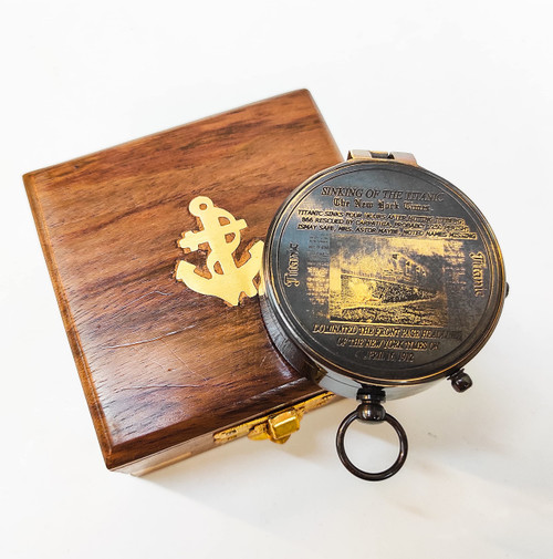 Asian Arts Global Titanic Compass Brass Magnetic Pocket Compass with Beautiful Wooden Box Anniversary Love Gift